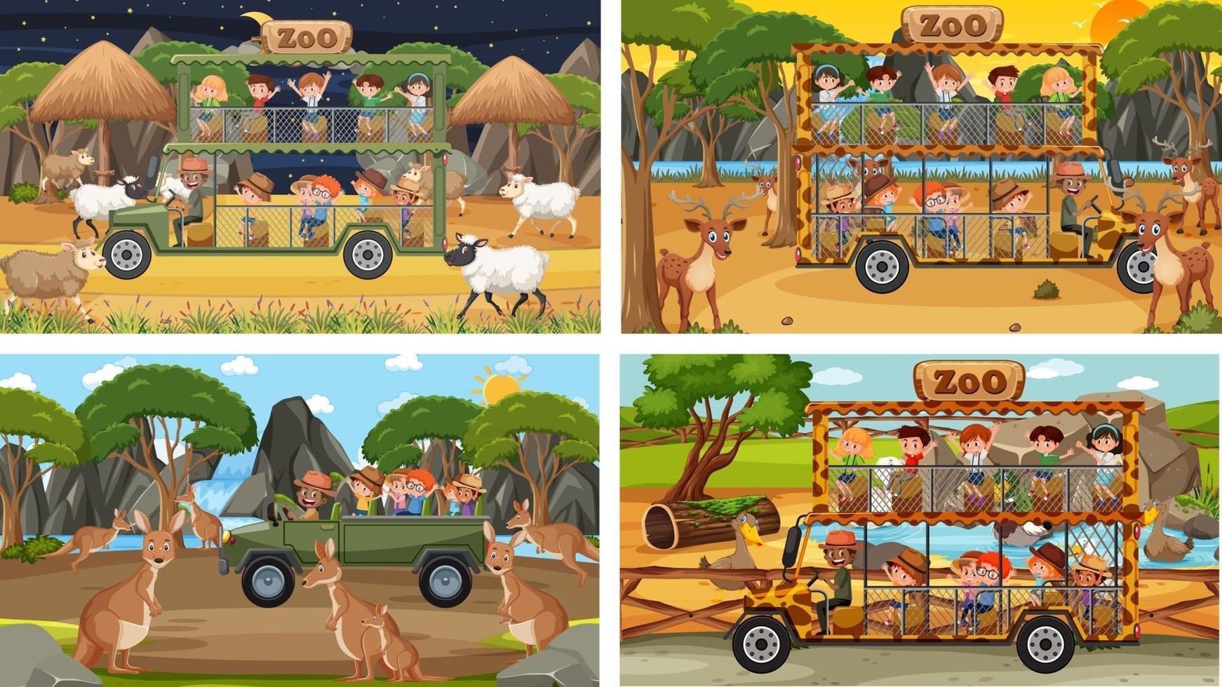 Set of different safari scenes with animals and kids cartoon character vector