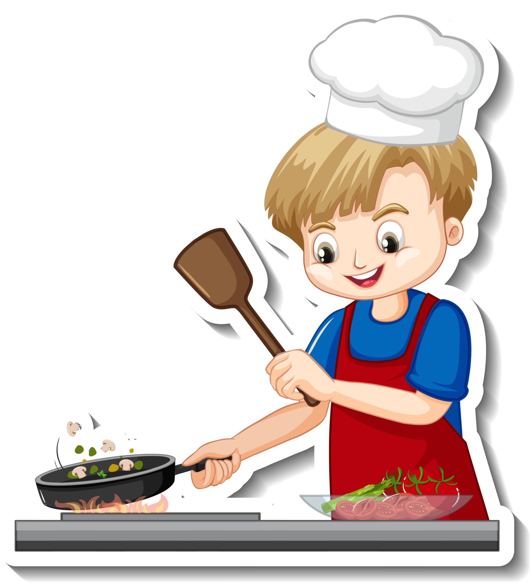 Sticker design with chef boy cooking food cartoon character 2939177 Vector  Art at Vecteezy
