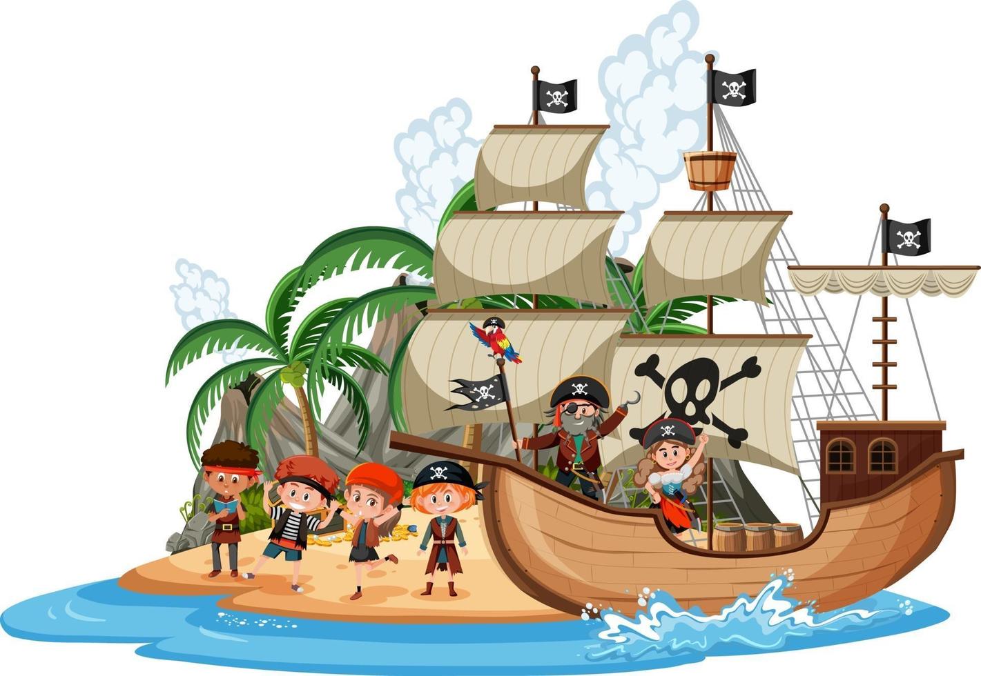 Pirate ship on island with many kids isolated on white background vector