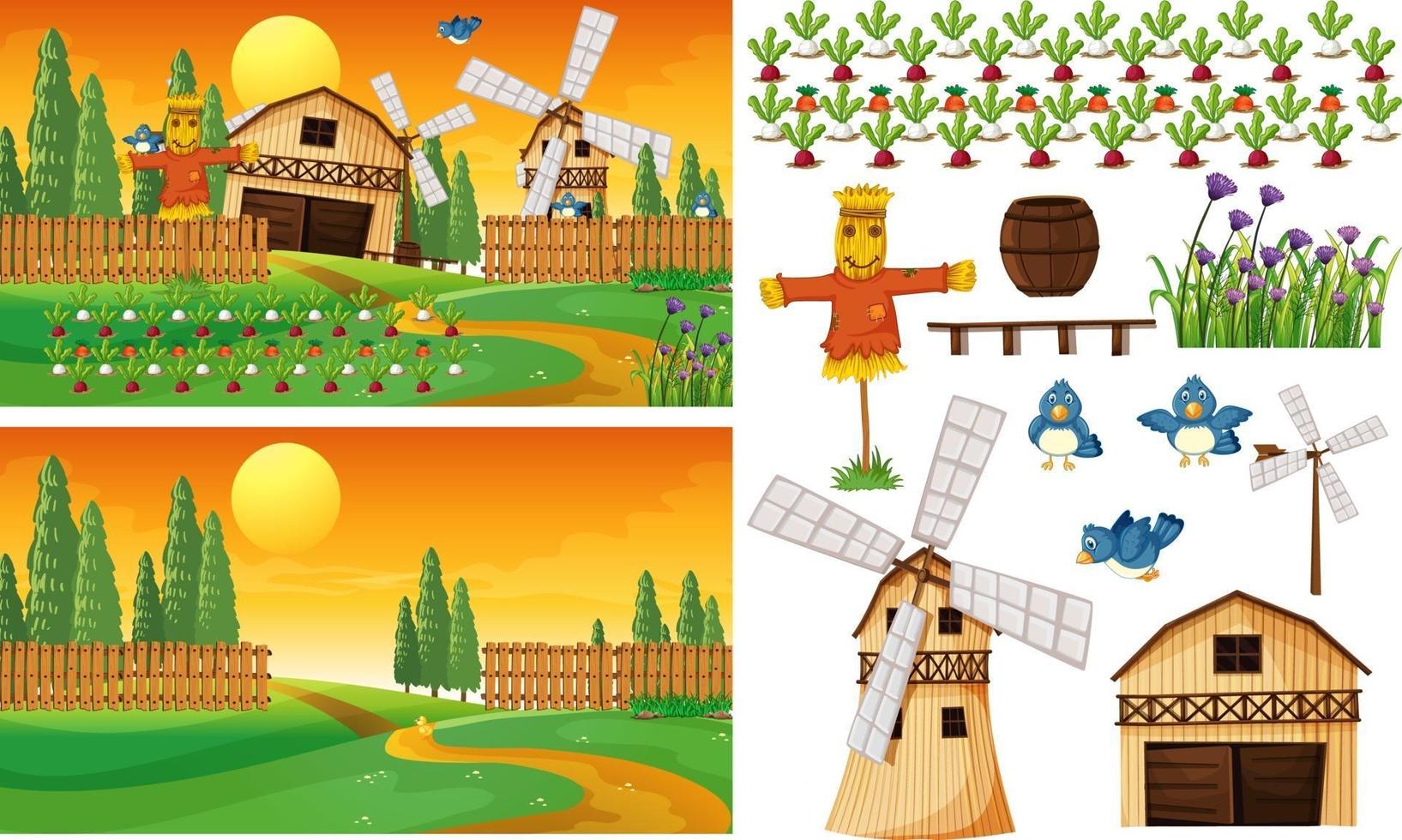 Farm element set isolated with farm scence vector