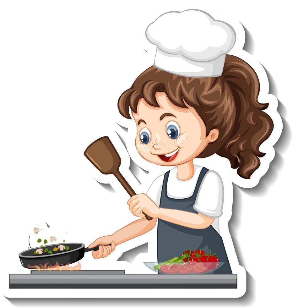 Cartoon character sticker with chef girl cooking vector