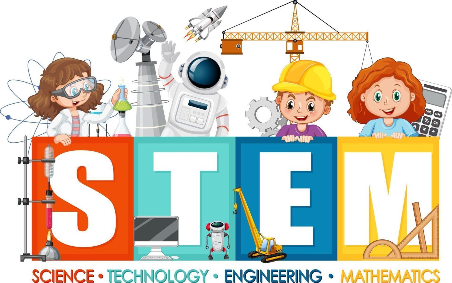 STEM education logo with children cartoon character vector