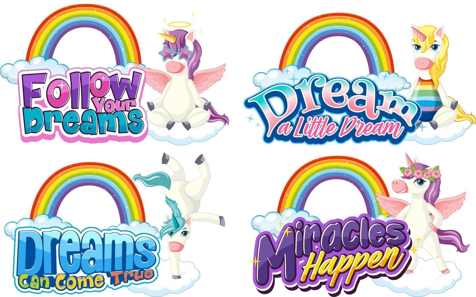 Set of different unicorn font typography with rainbows isolated vector