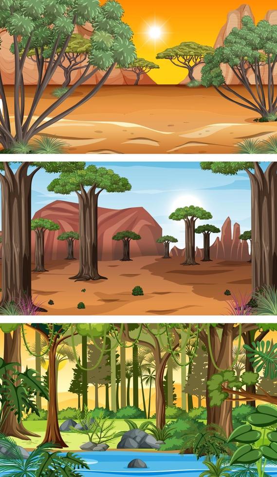 tres escenas horizontales de naturaleza diferente. vector