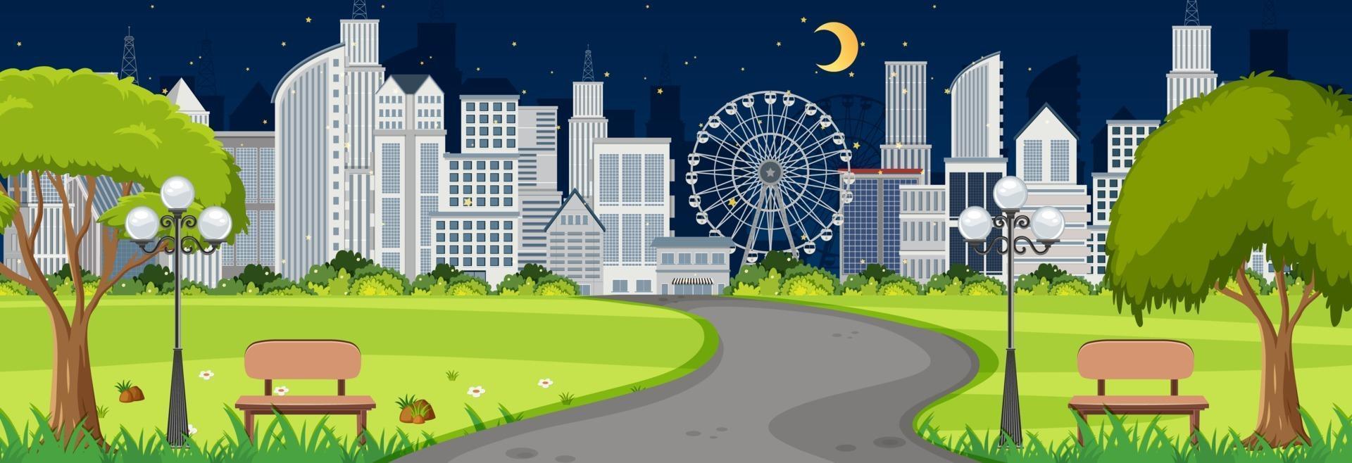 Scene with long road through the park into the town at night time vector