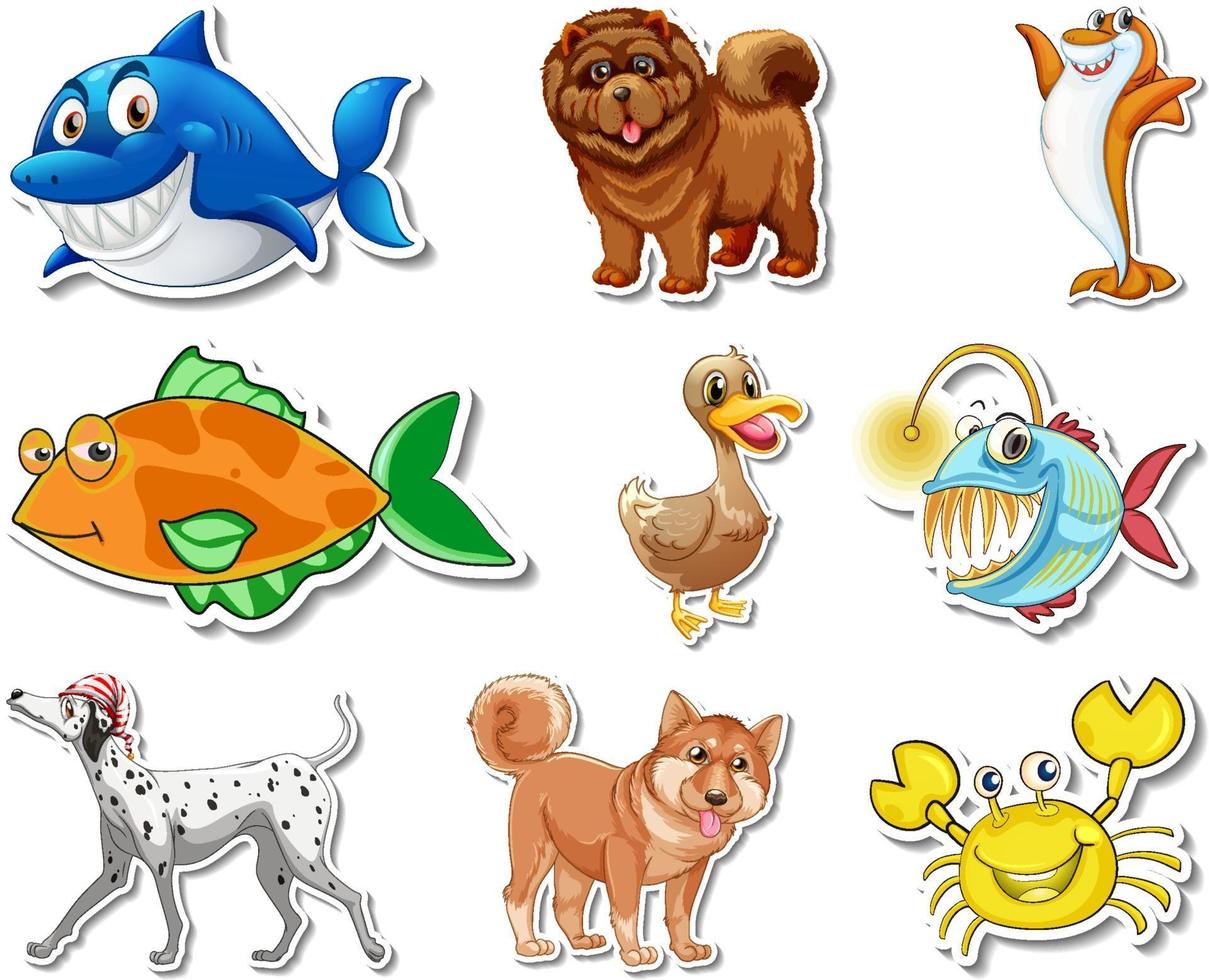 conjunto de pegatinas con animales marinos y personajes de dibujos animados de perros vector