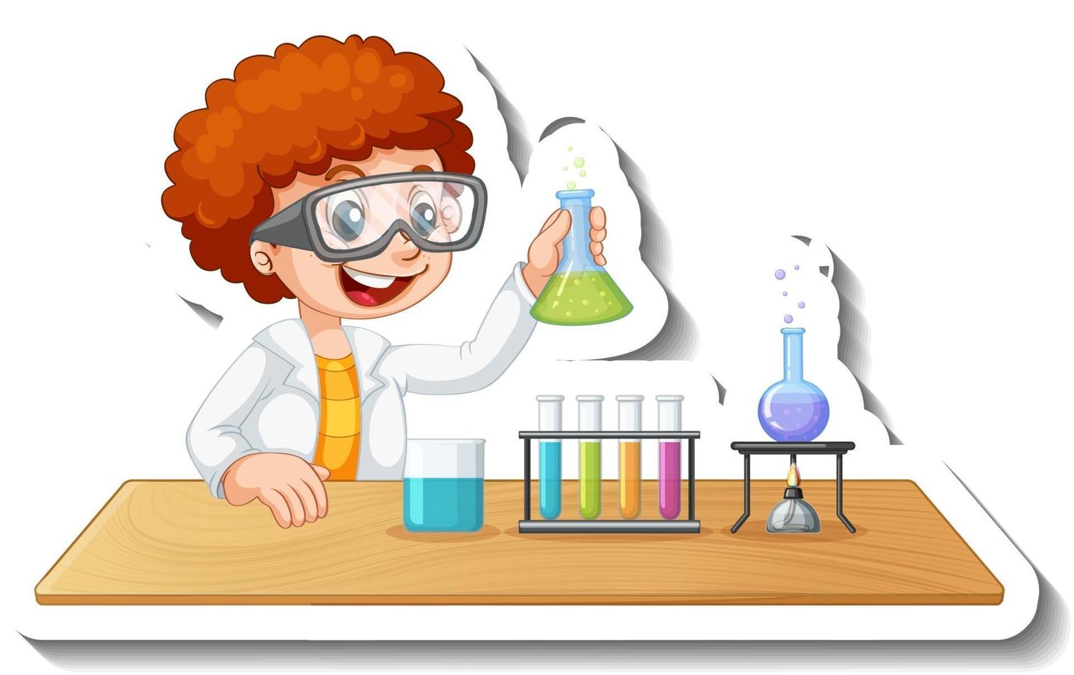 Sticker with cartoon of a student doing chemical experiment vector