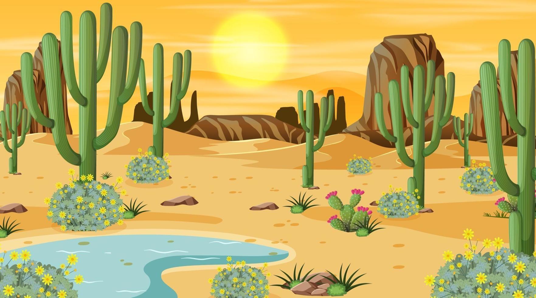 Desert forest landscape at sunset time scene with oasis vector