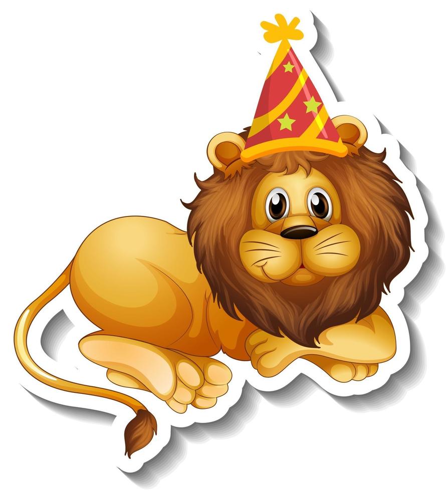A sticker template with a male lion wearing party hat vector