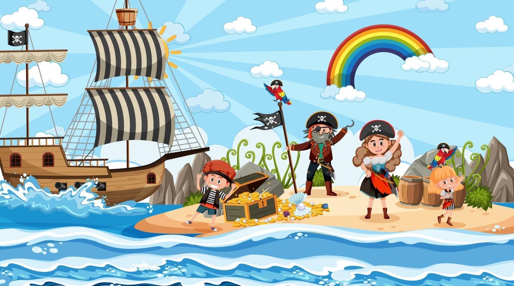 Treasure Island scene at daytime with Pirate kids vector
