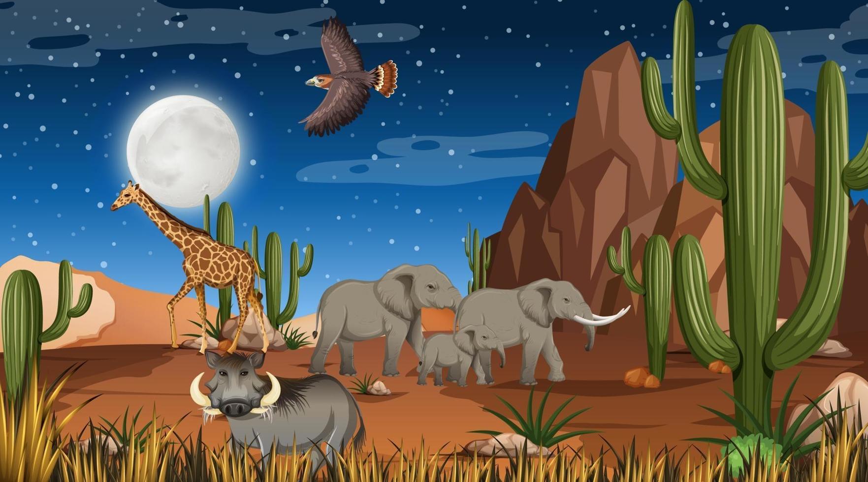 los animales viven en el paisaje del bosque desértico en la escena nocturna vector