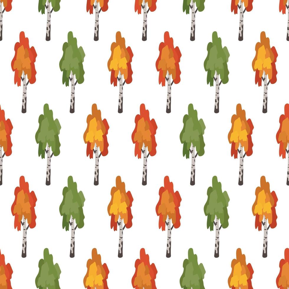 Seamless pattern with green, red and orange birch trees vector