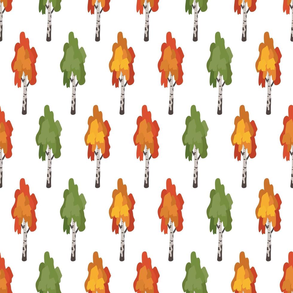 Seamless pattern with green, red and orange birch trees vector