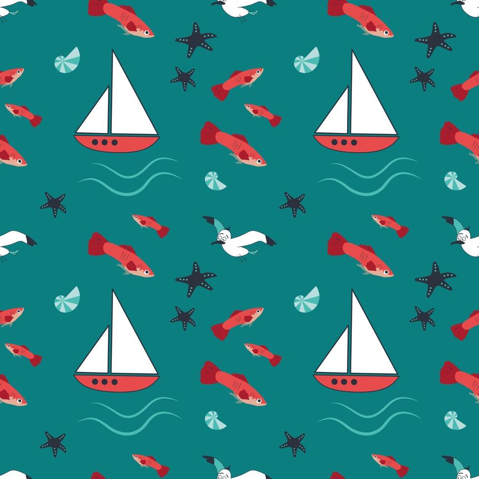 Summer marine pattern with ships, waves, starfish, seagulls and fish vector