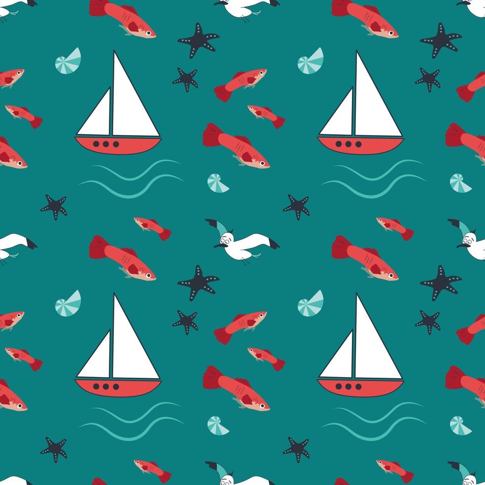 Summer marine pattern with ships, waves, starfish, seagulls and fish vector