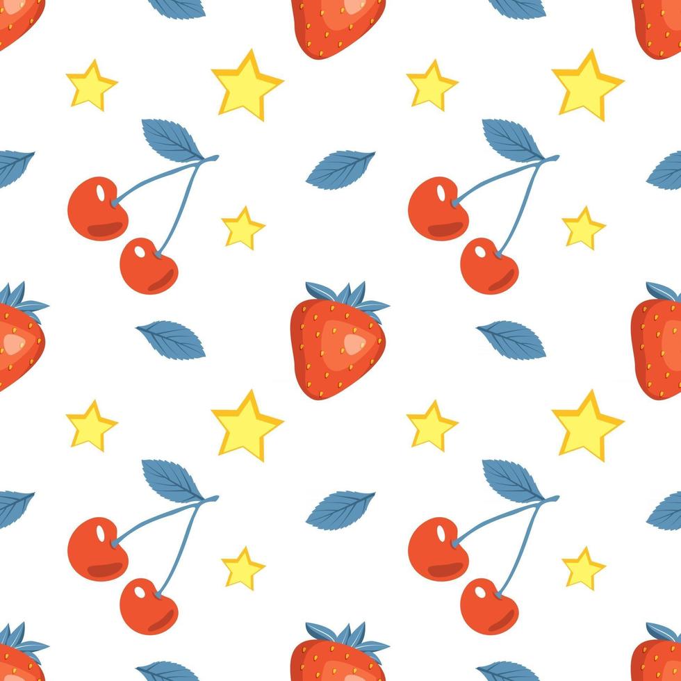 Cute summer seamless pattern with cherries, strawberries and stars vector