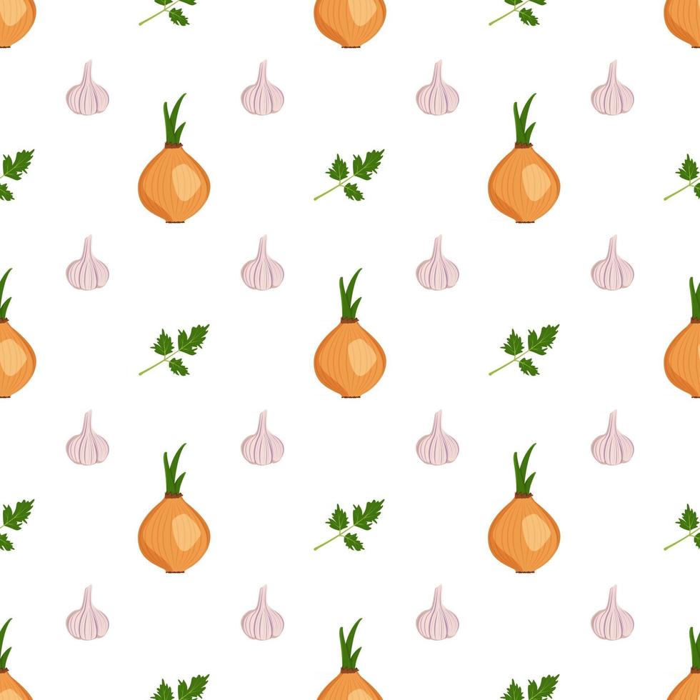 seamless pattern with garlic, onion and parsley herb. Vegetable print vector