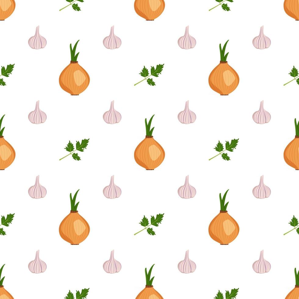 seamless pattern with garlic, onion and parsley herb. Vegetable print vector