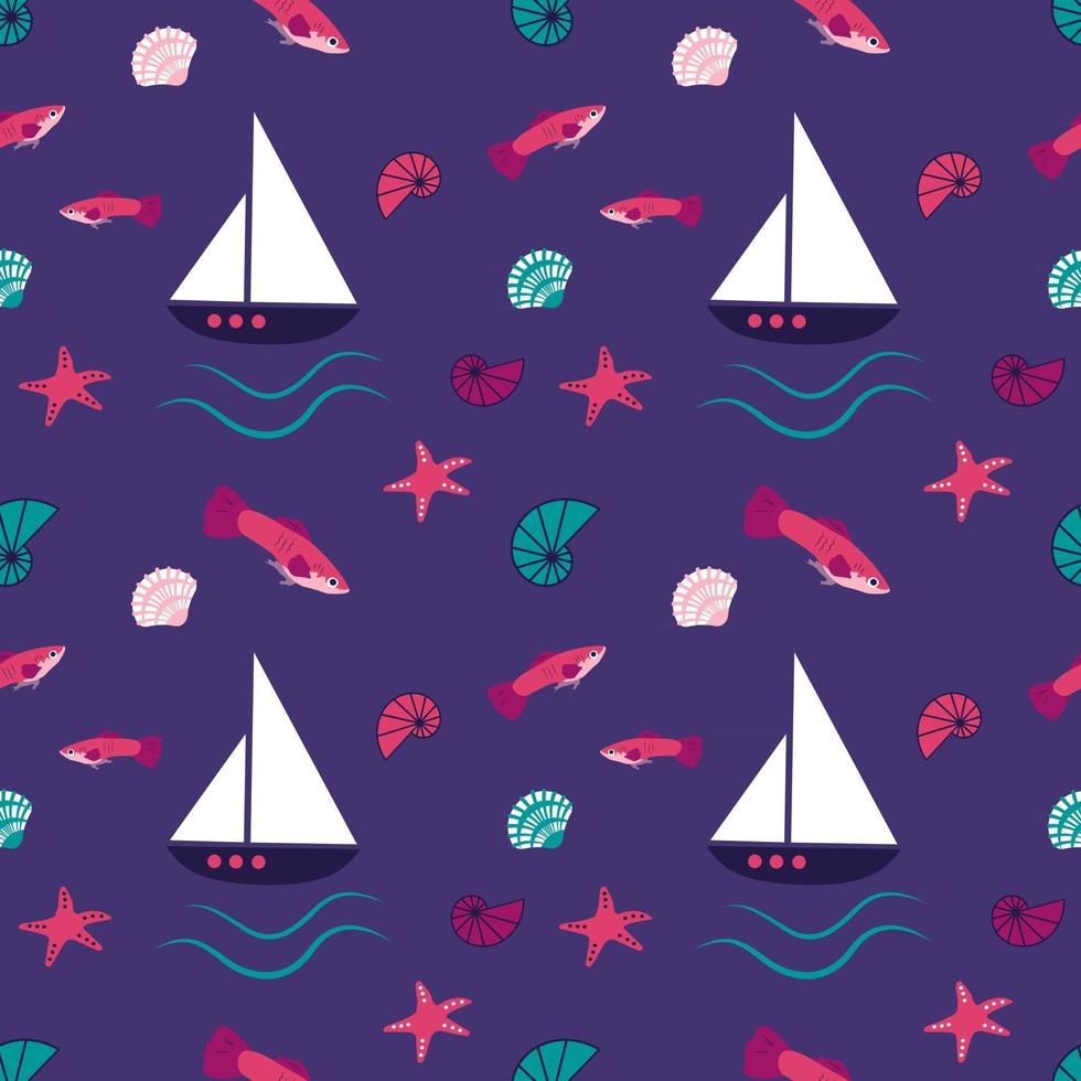 Bright marine pattern with fantastic fish, ships, starfish and shells vector