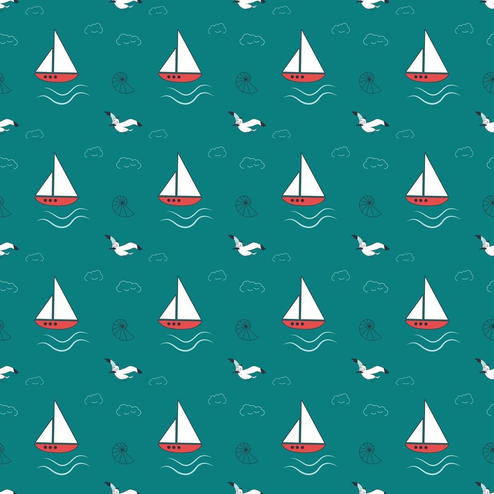 Summer marine pattern with ships, waves and seagulls vector