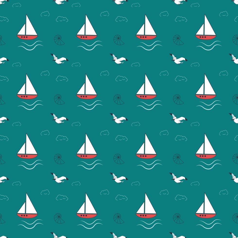 Summer marine pattern with ships, waves and seagulls vector