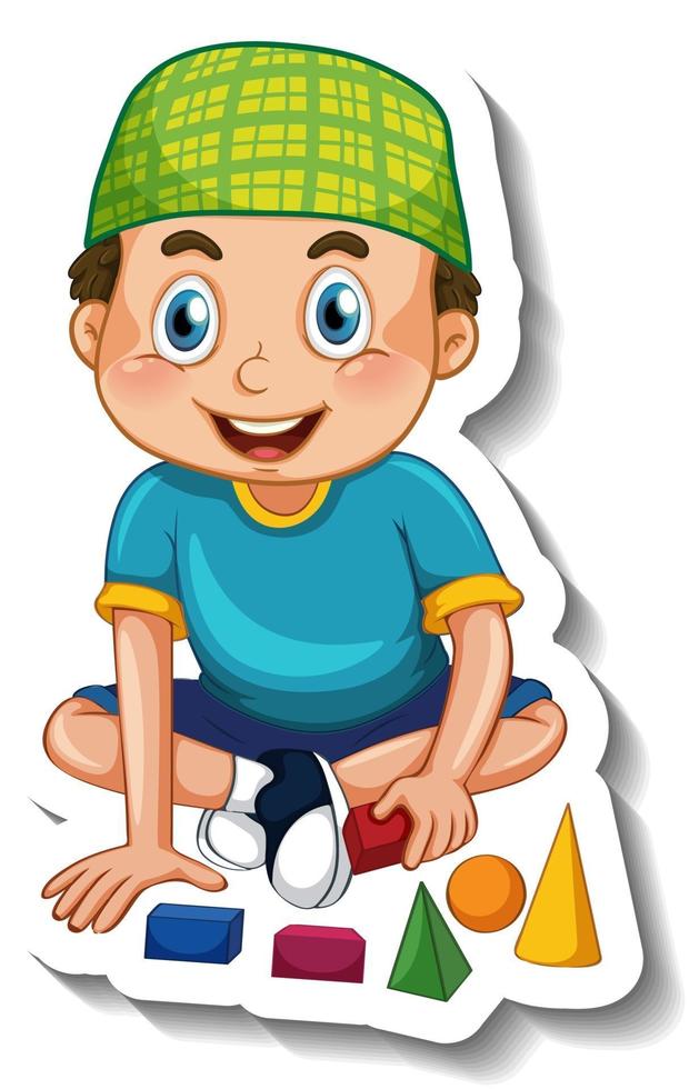 A sticker template with a muslim boy playing with his toys vector
