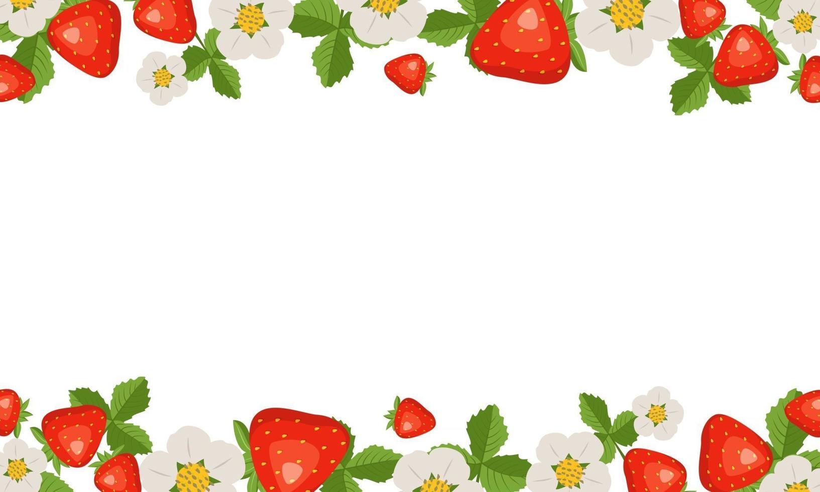 marco con fresas, hojas y flores sobre un fondo blanco. patrón cuadrado de fruta brillante. banner de comida de verano vector