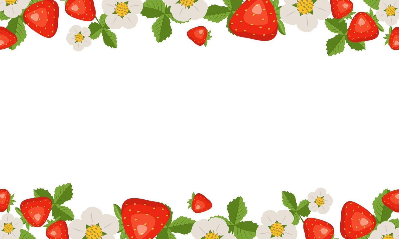 Frame with strawberries, leaves and flowers on a white background. Bright fruit square pattern. Summer food banner vector