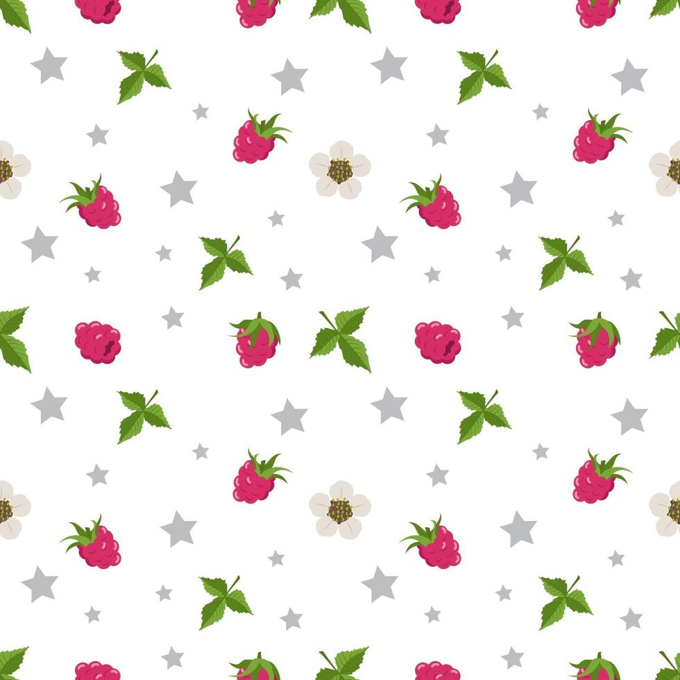 Seamless pattern with raspberries, flowers and leaves vector