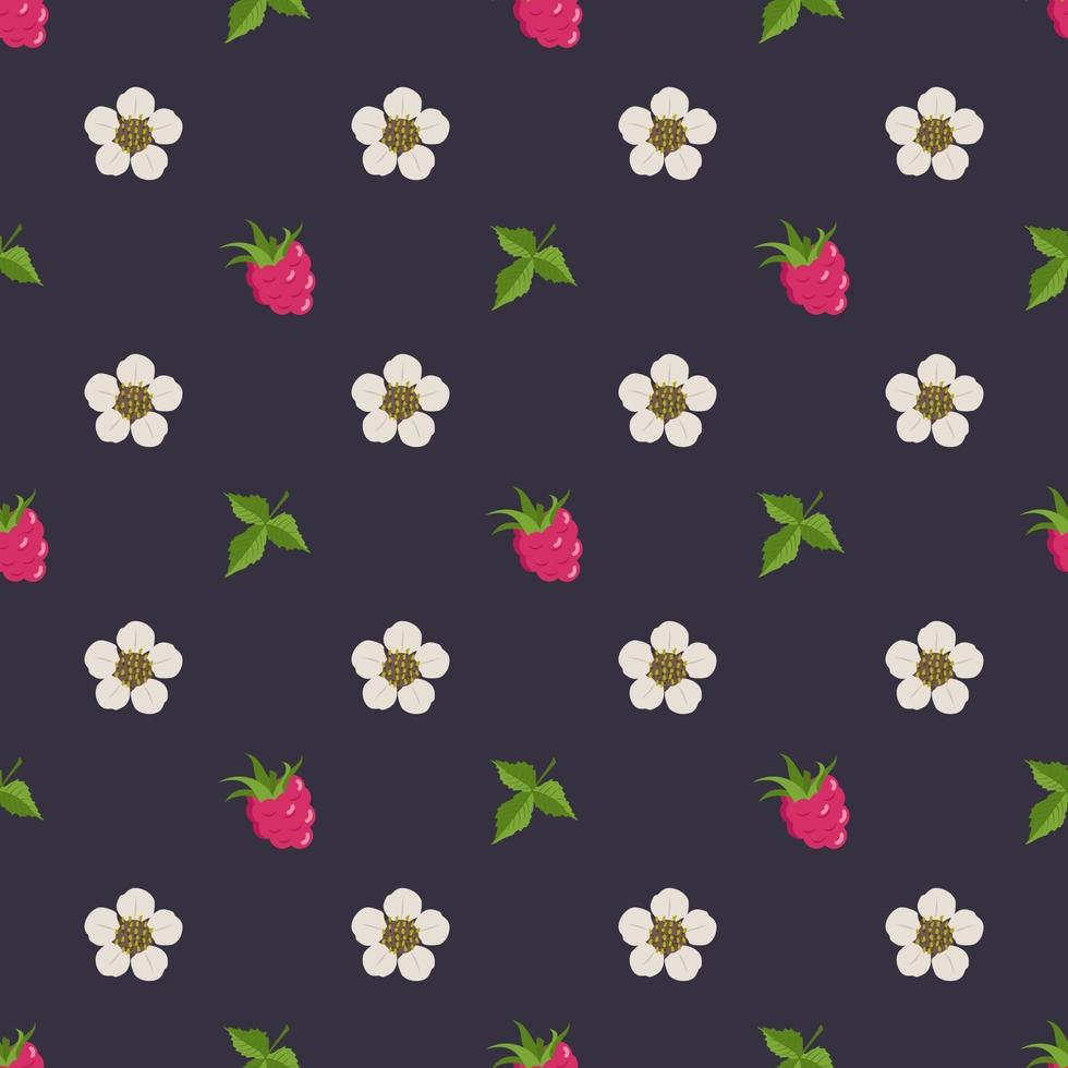 Seamless pattern with raspberries, flowers and leaves vector