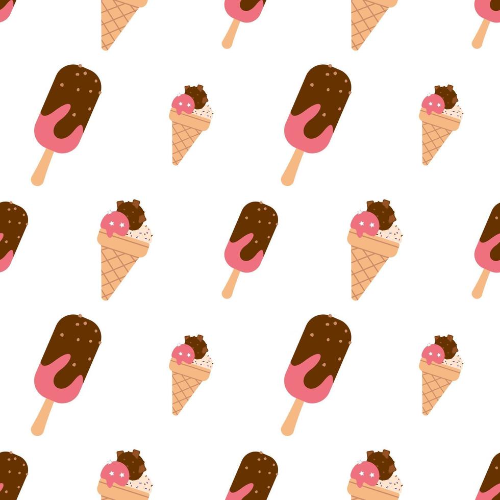 Seamless pattern with popsicle ice cream with chocolate and waffle cup vector