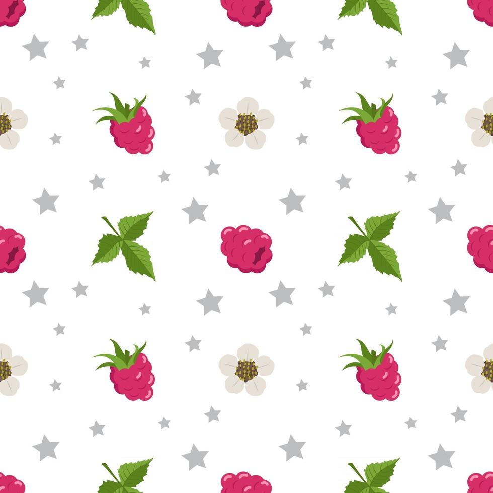 Seamless pattern with raspberries, flowers and leaves vector