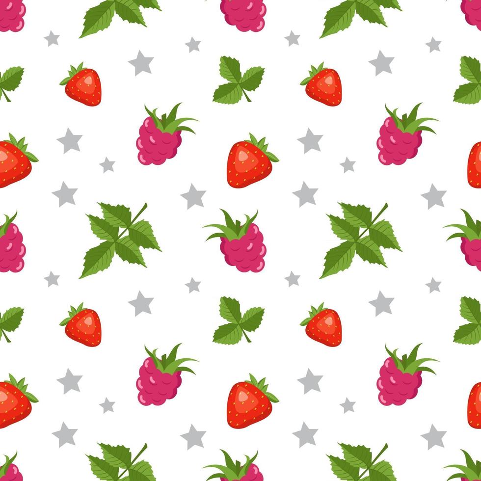 Seamless pattern with raspberries, strawberries and leaves vector