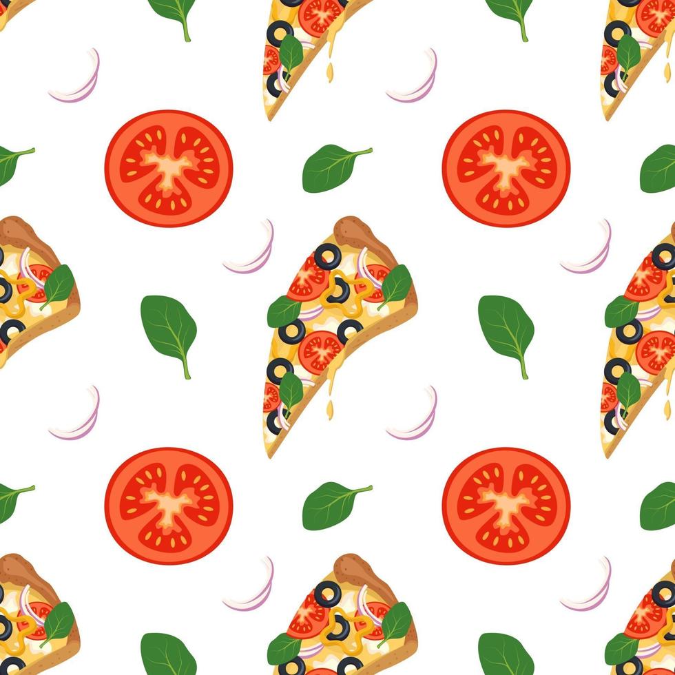 fondo brillante con rebanadas de pizza, rúcula, tomates y cebollas. impresión de comida rápida con verduras y queso. diseño para textil, papel, cafetería y restaurante. vector