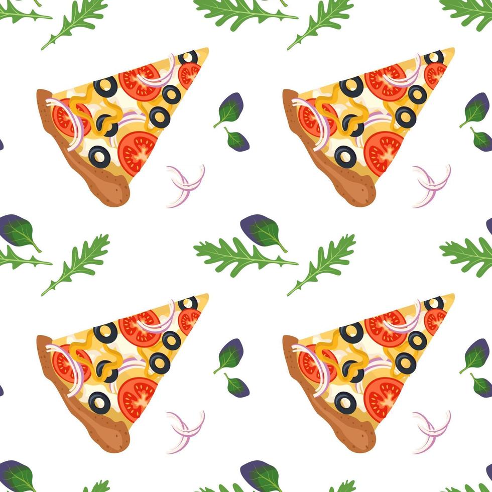 Bright seamless pattern with slices of pizza. Fast food print vector