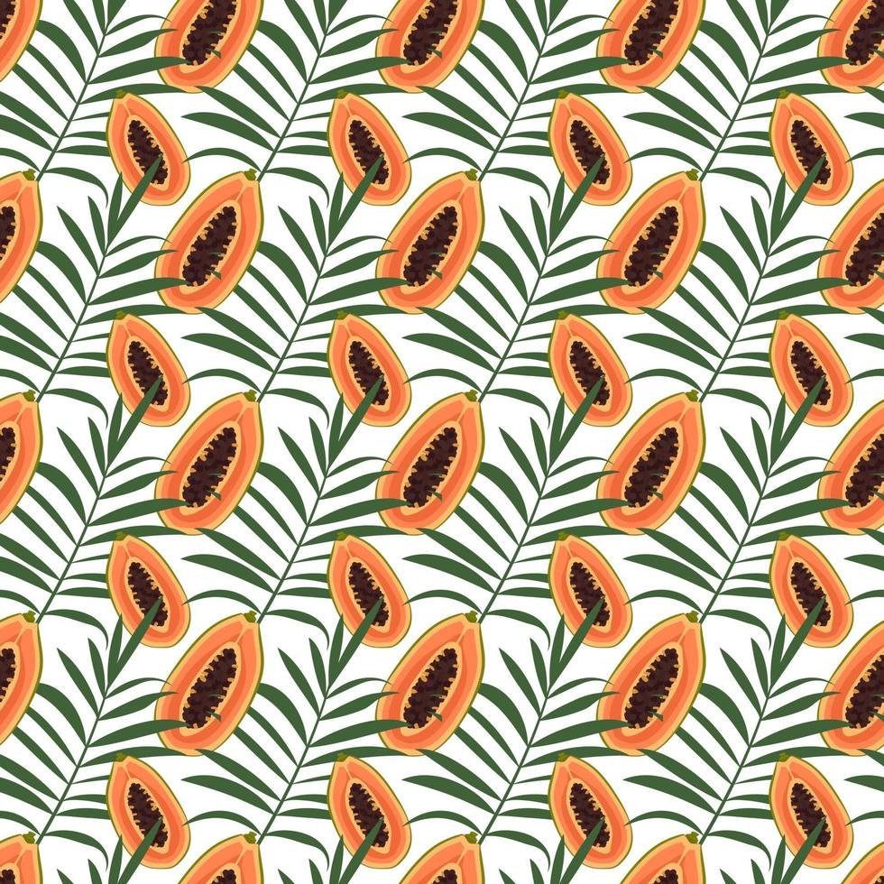 Exotic summer seamless pattern with papaya fruits and palm leaves vector