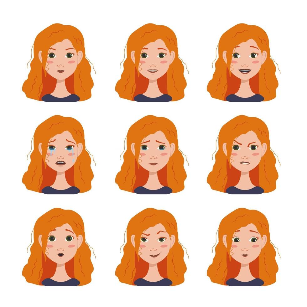 Set of facial expressions avatars of  woman with red hair vector