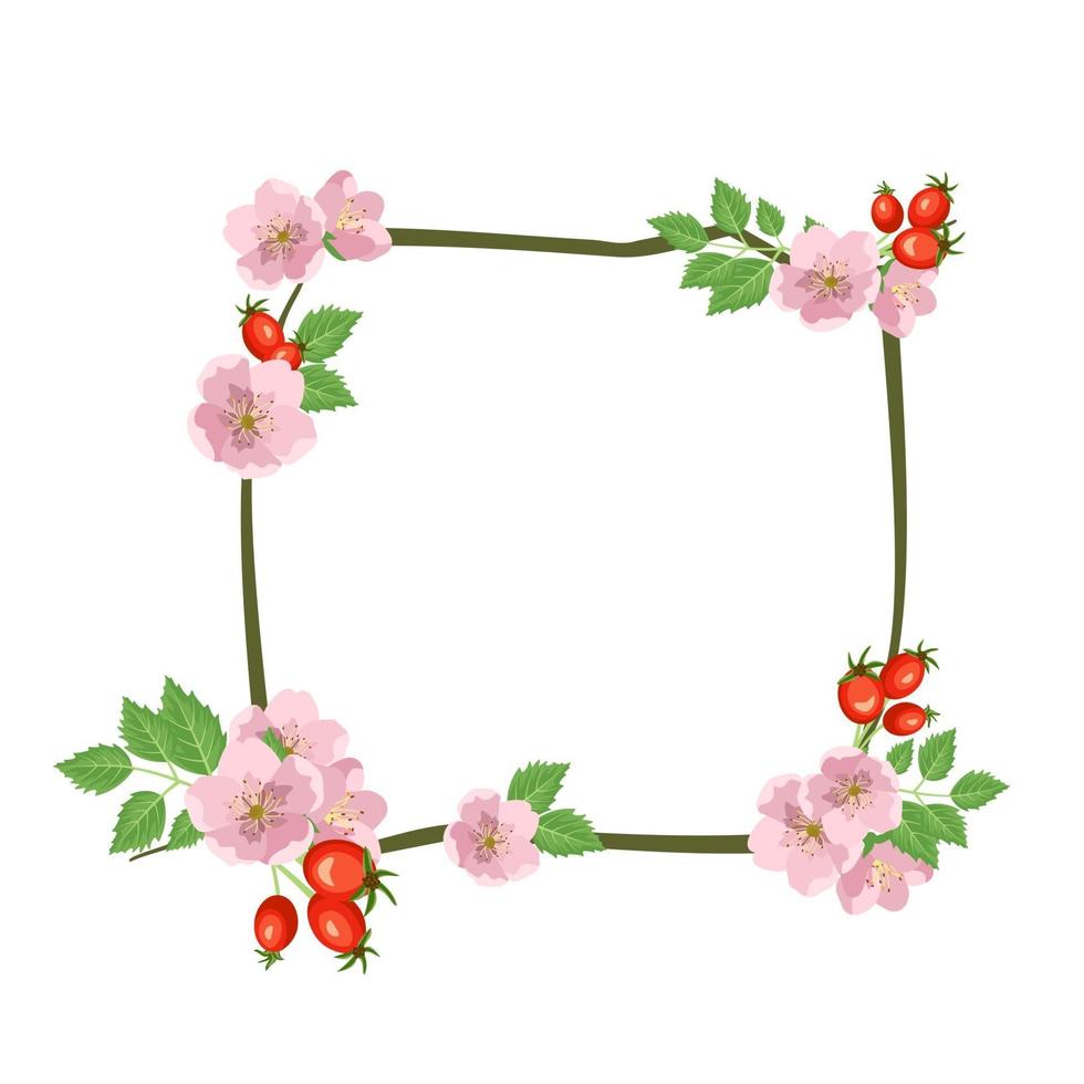 Rose hip wreath. Square frame, cute pink flowers rose fruit and leaves vector