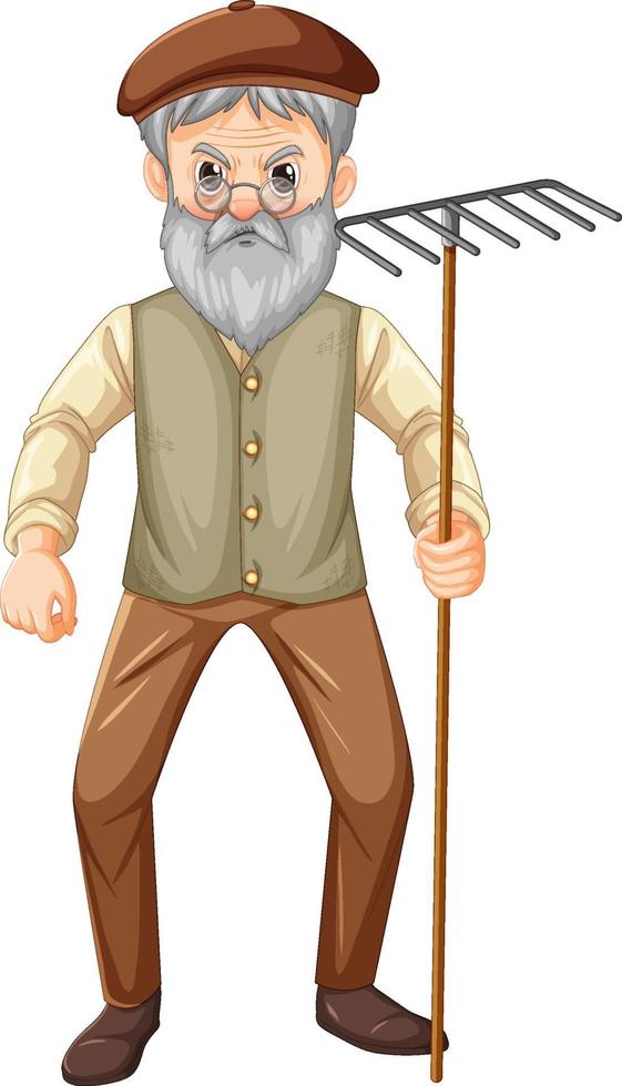 Old farmer man cartoon character holding rake garden tool vector