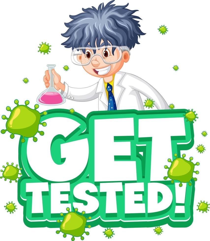 Get Tested font in cartoon style with scientist man cartoon character vector