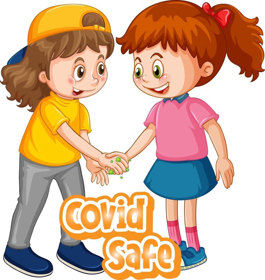 Covid Safe font in cartoon with two kids do not keep social distance vector