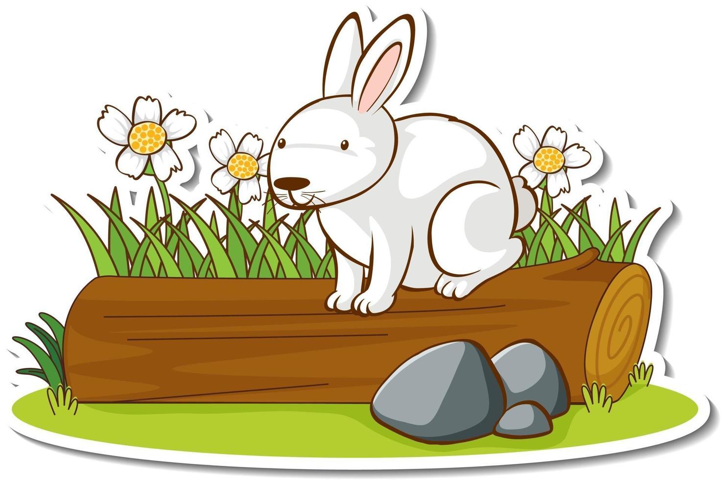 A white rabbit standing on a log sticker vector