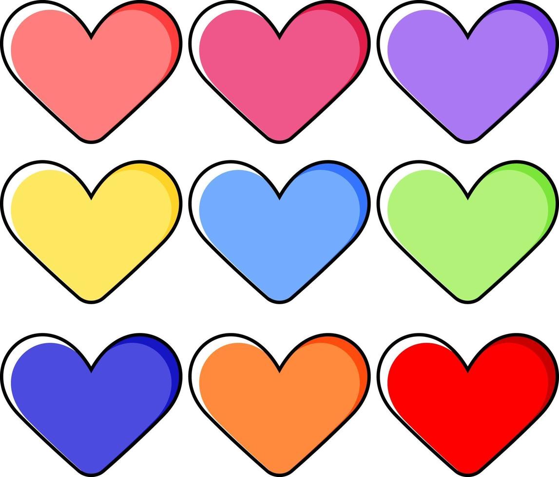 conjunto de diferentes colores de corazón dibujado a mano aislado vector