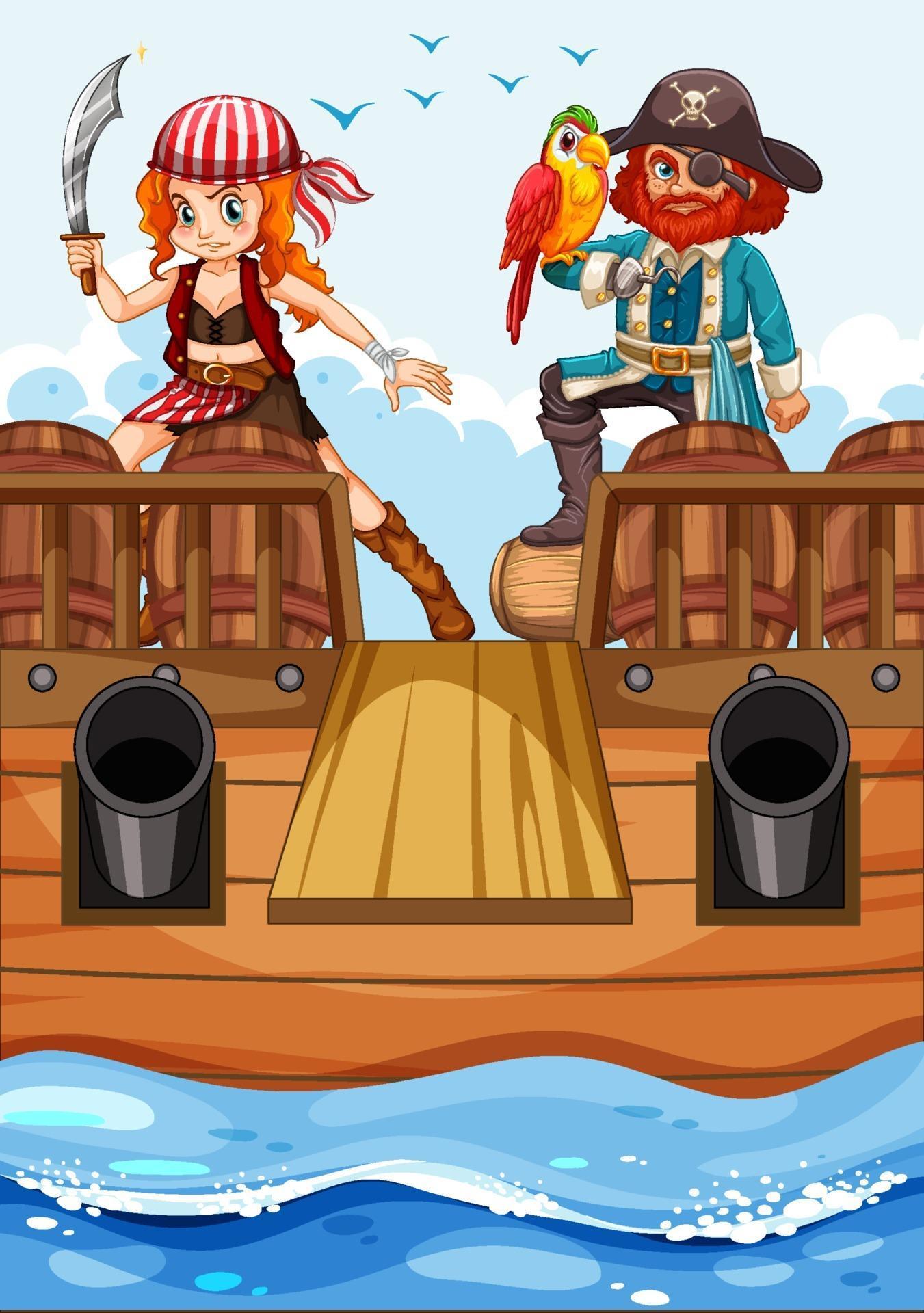 Pirate cartoon character on the ship with wooden plank 2939845 Vector