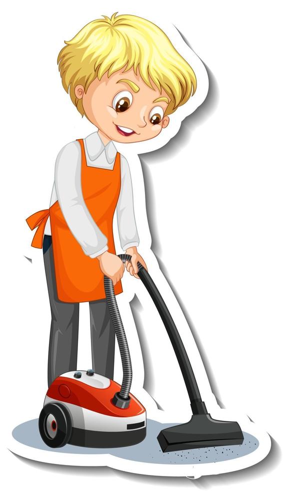 Sticker design with a young man using vacuum cleaner vector