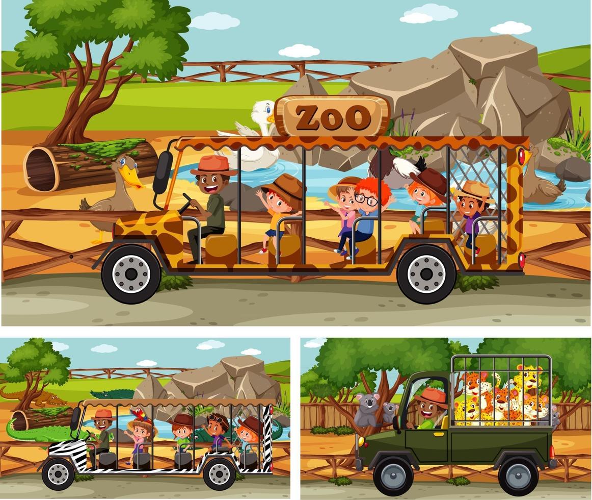 Different safari scenes with animals and kids cartoon character vector