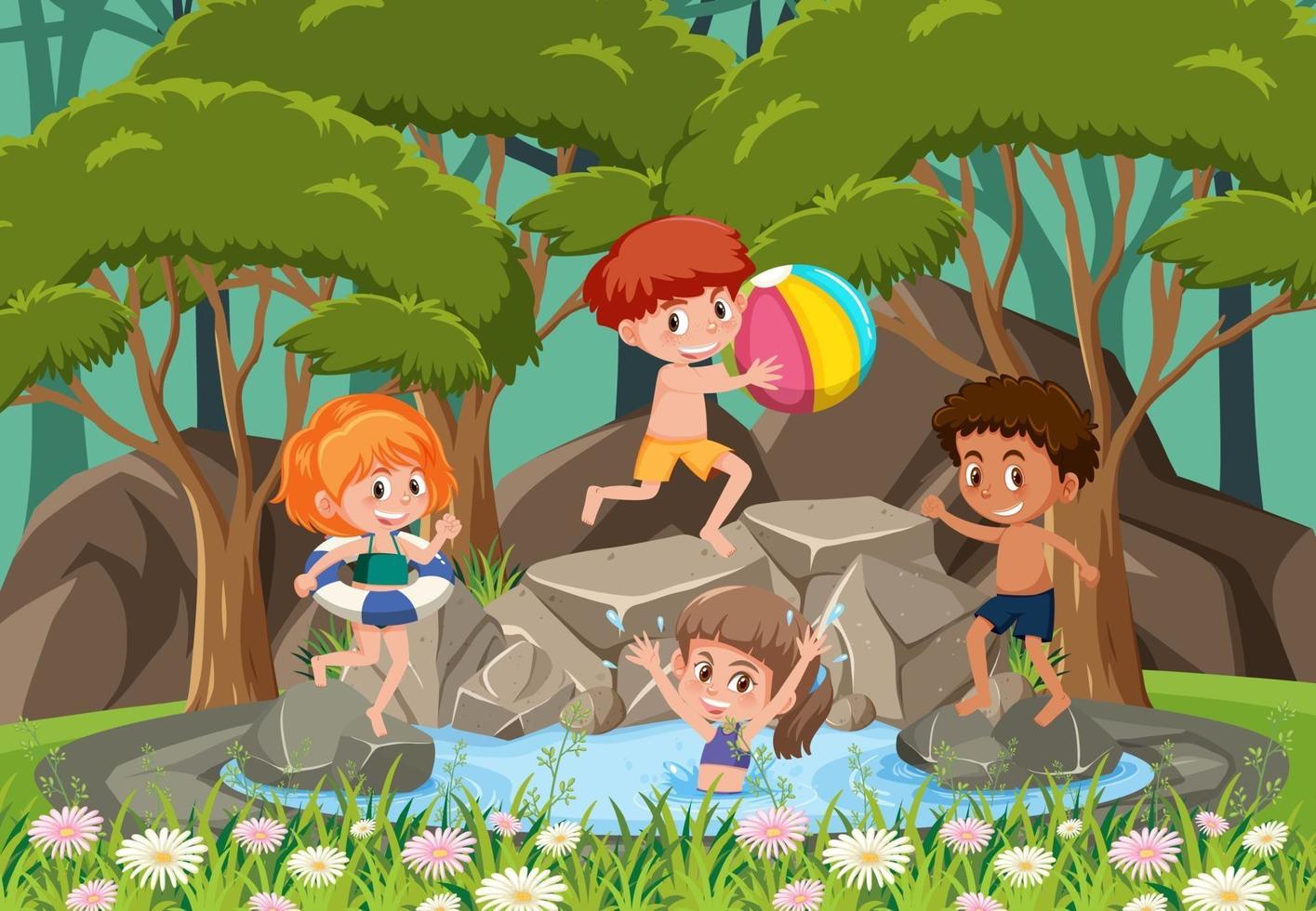 Happy kids at the waterfall vector