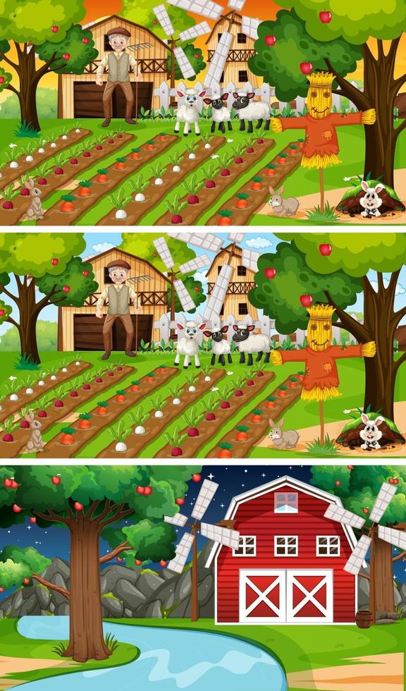 Different farm scenes with old farmer and animal cartoon character vector