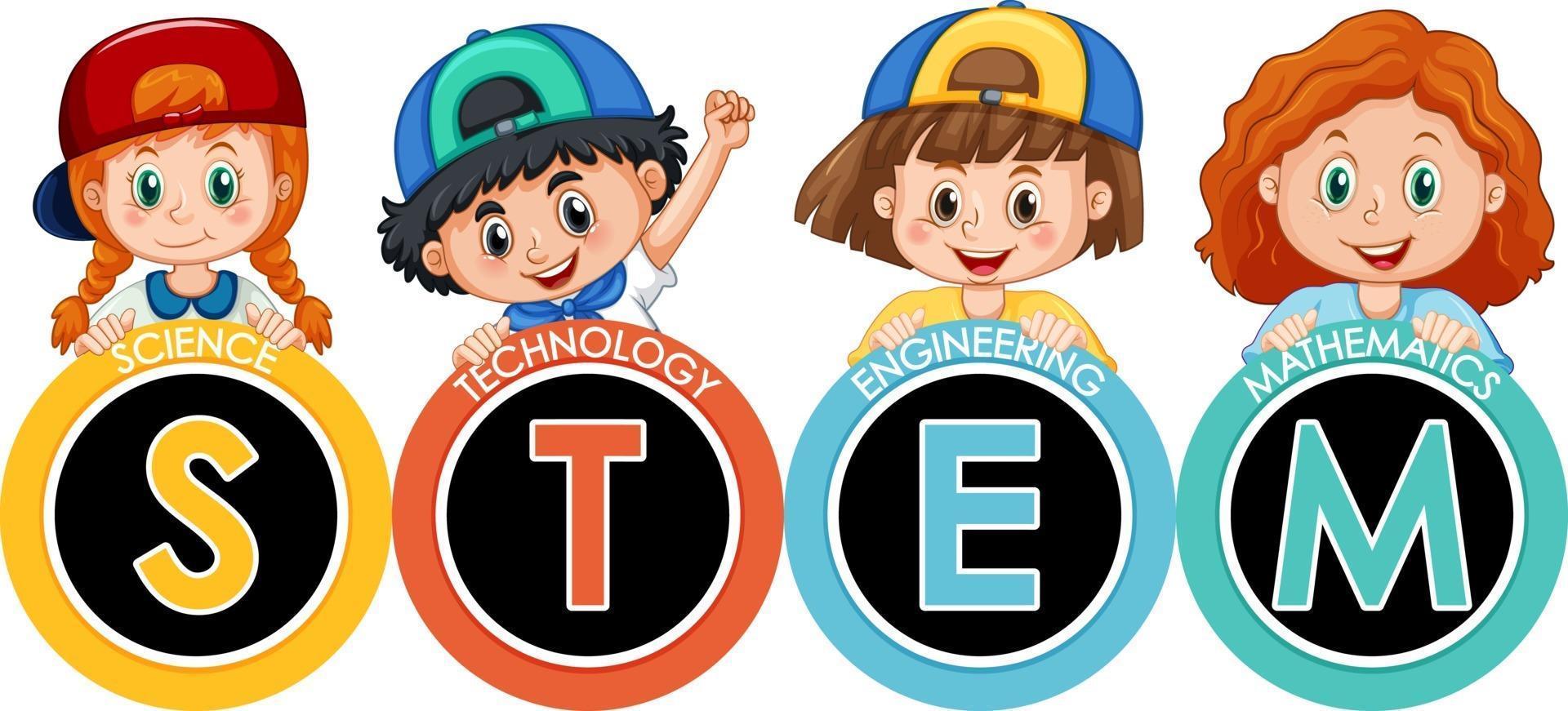 STEM education logo banner with kids cartoon character vector