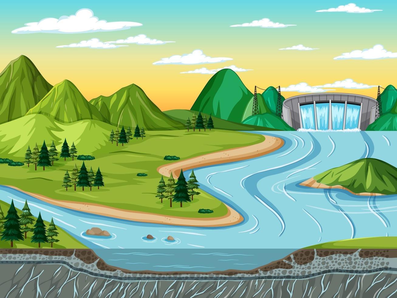 Nature scene landscape with dam and soil layers vector